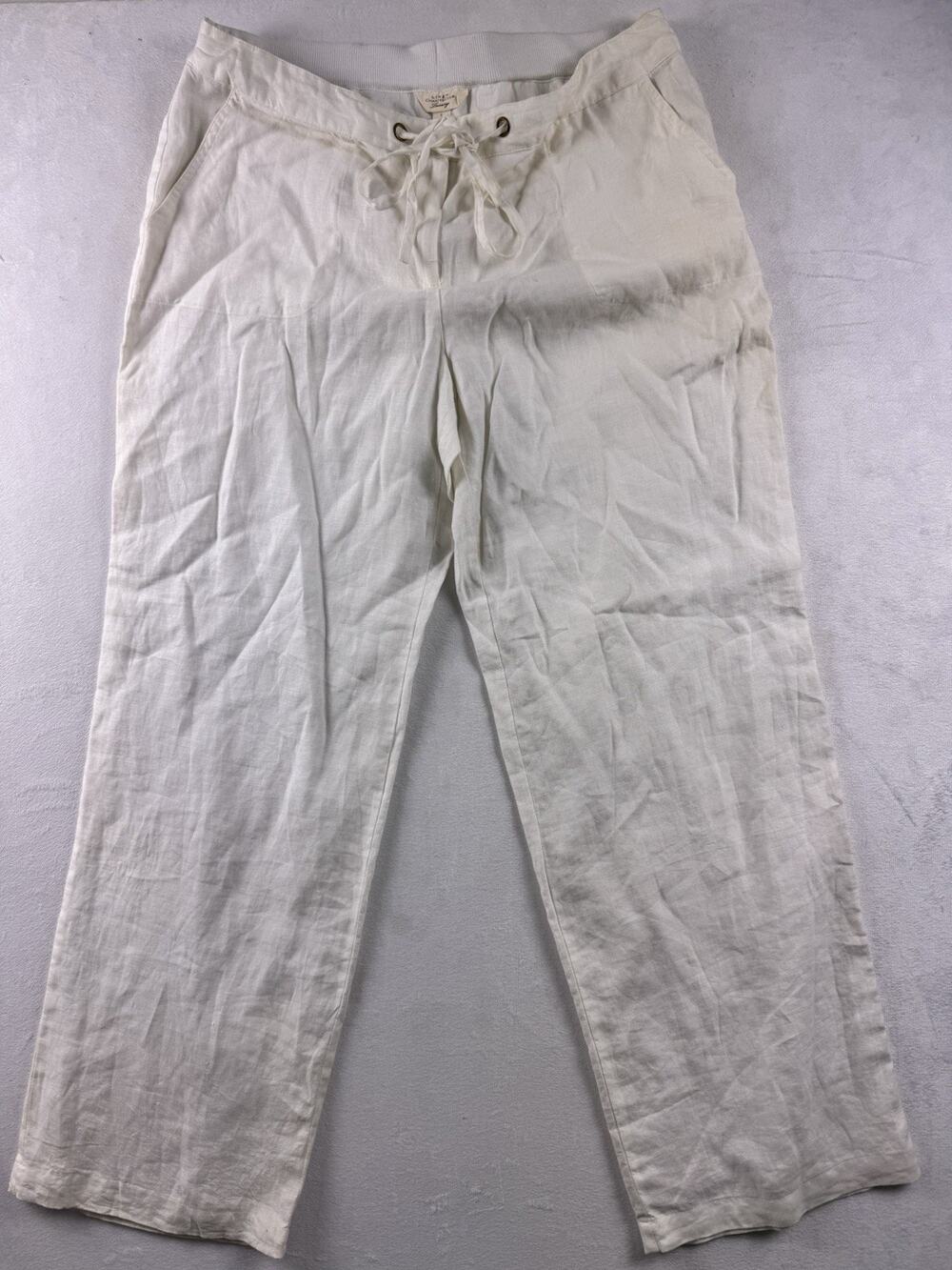 Charter Club Women’s Linen Drawstring Pants Ivory Trousers Elastic Waist Size L